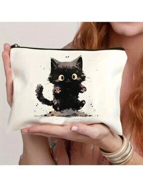 Cat Cosmetic Makeup Bag Clutch Pouch Travel Kitty Black Trendy Cute Organizer